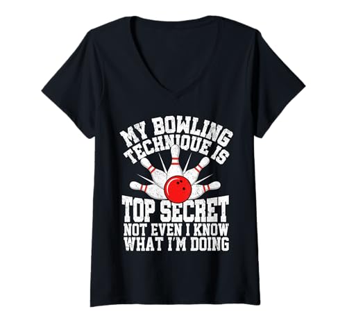 Damen Meine Bowlingtechnik ist streng geheim lustig T-Shirt mit V-Ausschnitt Damen Meine Bowlingtechnik ist streng geheim lustig T-Shirt mit V-Ausschnitt von Bowling Kingpin Designs
