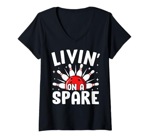 Damen Lustiger Retro-Bowling-Kingpin Livin' On A Spare T-Shirt mit V-Ausschnitt Damen Lustiger Retro-Bowling-Kingpin Livin' On A Spare T-Shirt mit V-Ausschnitt von Bowling Lover's Club
