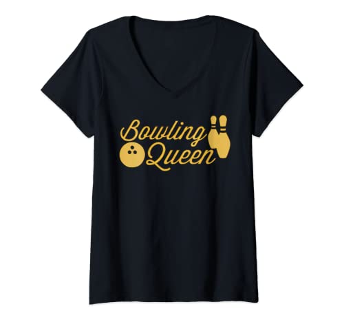 Damen Bowling Queen-lustiges Zitat für Mädchen-Bowler T-Shirt mit V-Ausschnitt von Bowling Queen Funny Shop