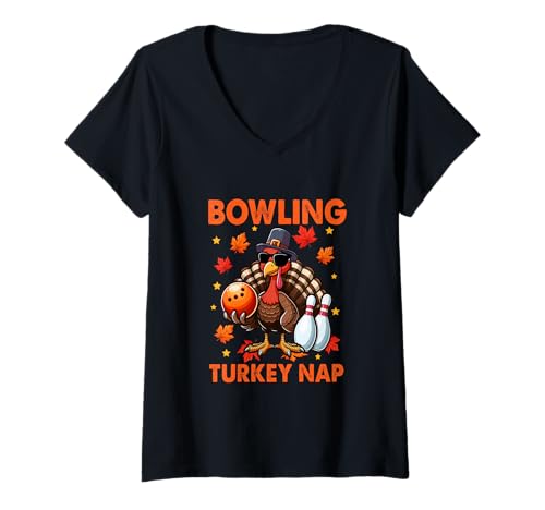 Damen Bowling Thanksgiving Turkey Nap Costume Player Fan Family T-Shirt mit V-Ausschnitt Damen Bowling Thanksgiving Turkey Nap Costume Player Fan Family T-Shirt mit V-Ausschnitt von Bowling Thanksgiving Costume