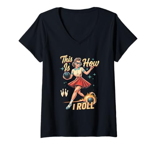 Damen Bowling Sport Damen Retro 1950er Pinup Girl This s I Roll T-Shirt mit V-Ausschnitt Damen Bowling Sport Damen Retro 1950er Pinup Girl This s I Roll T-Shirt mit V-Ausschnitt von Bowling Women 1950s Pinup Girl This s I Roll