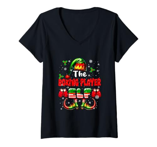 Damen Matching-Partys für das Elfen-Weihnachtsjobteam von The Boxing Player T-Shirt mit V-Ausschnitt von Boxer Christmas Costume