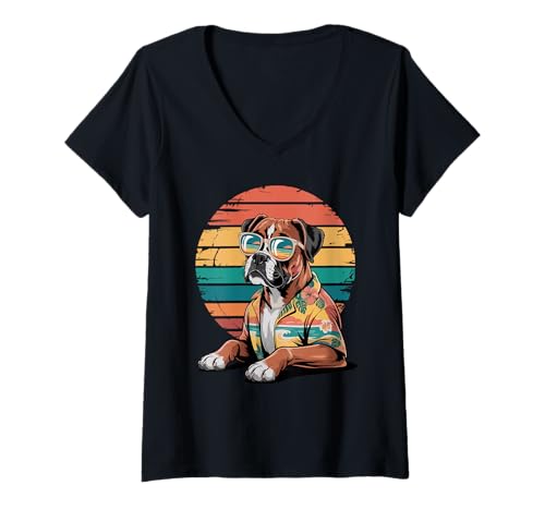 Damen Boxer Hund Sonnenbrille Hawaii Strand Sommer T-Shirt mit V-Ausschnitt Damen Boxer Hund Sonnenbrille Hawaii Strand Sommer T-Shirt mit V-Ausschnitt von Boxer Dog Boxers Lover Gifts