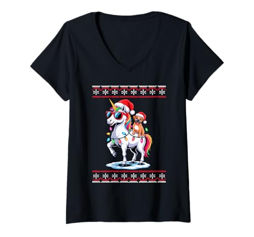 Damen Christmas Boxer Dog Unicorn Sunglasses T-Shirt mit V-Ausschnitt von Boxer Dog Boxers Lover Gifts