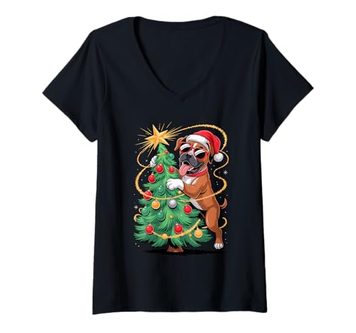 Damen Christmas Tree Boxer Dog Sunglasses T-Shirt mit V-Ausschnitt Damen Christmas Tree Boxer Dog Sunglasses T-Shirt mit V-Ausschnitt von Boxer Dog Boxers Lover Gifts