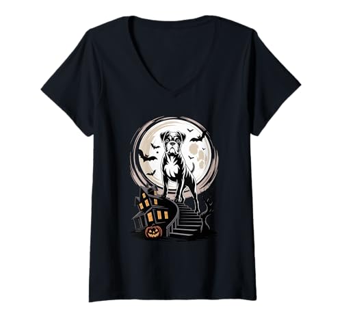 Damen Gruseliger Halloween Mond Boxer Dog Boxers T-Shirt mit V-Ausschnitt Damen Gruseliger Halloween Mond Boxer Dog Boxers T-Shirt mit V-Ausschnitt von Boxer Dog Boxers Lover Gifts