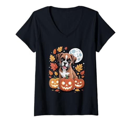 Damen Halloween Boxer Kürbis T-Shirt mit V-Ausschnitt von Boxer Dog Boxers Lover Gifts