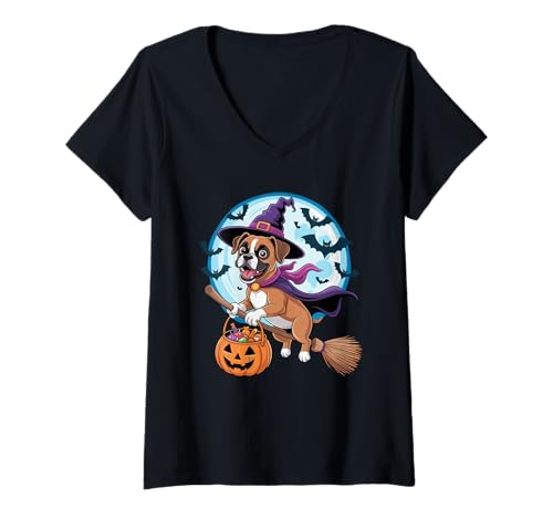 Damen Halloween Witch Boxer Dog Moon T-Shirt mit V-Ausschnitt Damen Halloween Witch Boxer Dog Moon T-Shirt mit V-Ausschnitt von Boxer Dog Boxers Lover Gifts