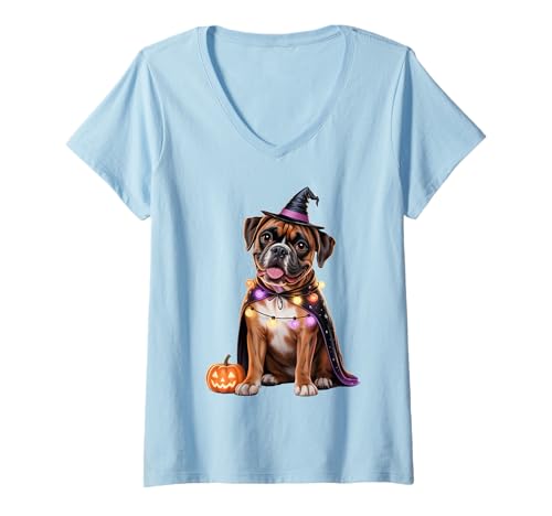 Damen Boxer Hund Halloween Hexe T-Shirt mit V-Ausschnitt Damen Boxer Hund Halloween Hexe T-Shirt mit V-Ausschnitt von Boxer Dog Co