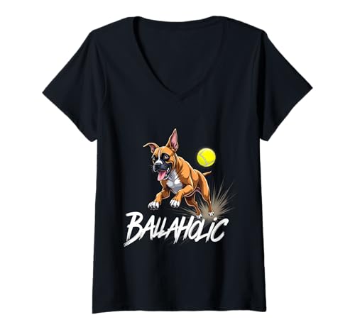 Damen Lustiger Ballaholic Boxer Hund Jagdball T-Shirt mit V-Ausschnitt Damen Lustiger Ballaholic Boxer Hund Jagdball T-Shirt mit V-Ausschnitt von Boxer Dog Fun Designs