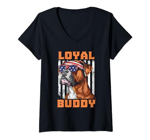 Damen Deutscher Boxer LOYAL BUDDY Amerika Boxer Hundebesitzer T-Shirt mit V-Ausschnitt von Boxer Hund Geschenk Deutsche Boxer Hundepapa Shirt
