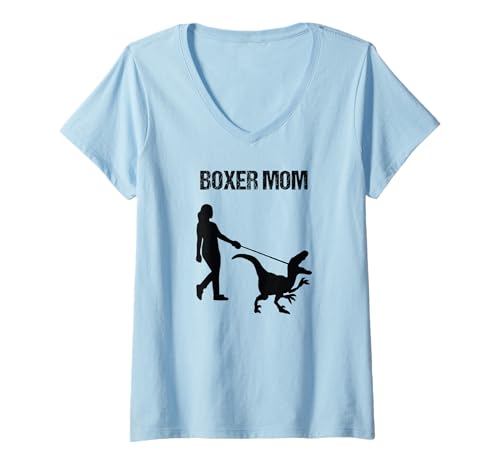 Damen Boxer Hund Mom Dinosaurier T-Shirt mit V-Ausschnitt von Boxer Mom Messy Bun Hair T -Shirt