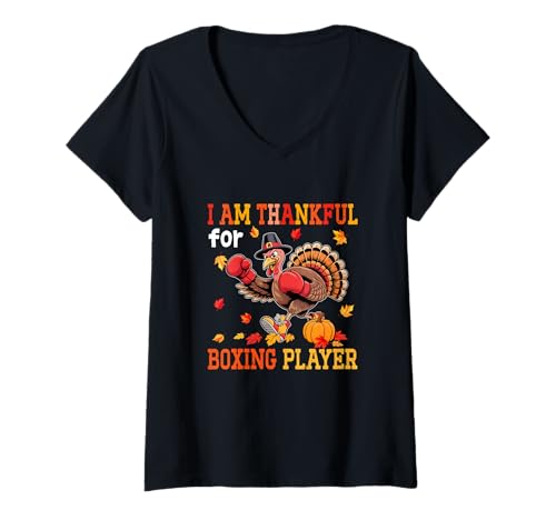 Damen Thankful for Boxing Player Lover Thanksgiving Turkey Autumn T-Shirt mit V-Ausschnitt Damen Thankful for Boxing Player Lover Thanksgiving Turkey Autumn T-Shirt mit V-Ausschnitt von Boxer Thanksgiving Costume