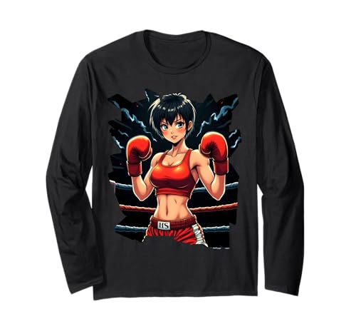 Boxing Girl in roten Handschuhen Anime Style Fitness Langarmshirt von Boxing Champion Girl in Action Sports Apparel