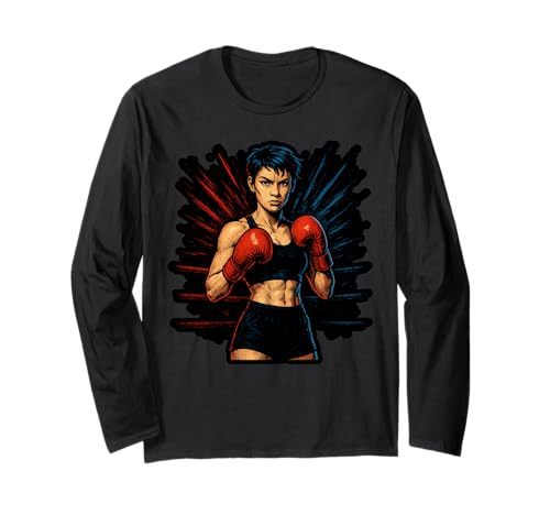 Boxing Girl in roten Handschuhen Anime Style Fitness Langarmshirt Boxing Girl in roten Handschuhen Anime Style Fitness Langarmshirt von Boxing Champion Girl in Action Sports Apparel