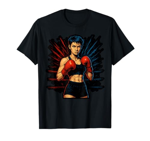 Boxing Girl in roten Handschuhen Anime Style Fitness T-Shirt von Boxing Champion Girl in Action Sports Apparel