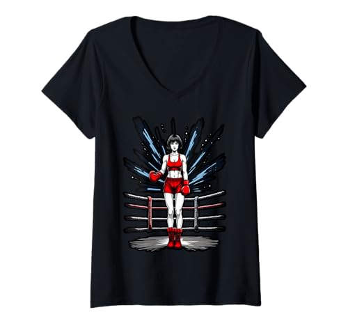 Damen Boxing Girl in roten Handschuhen Anime Style Fitness T-Shirt mit V-Ausschnitt von Boxing Champion Girl in Action Sports Apparel