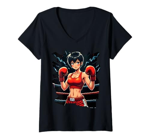 Damen Boxing Girl in roten Handschuhen Anime Style Fitness T-Shirt mit V-Ausschnitt von Boxing Champion Girl in Action Sports Apparel