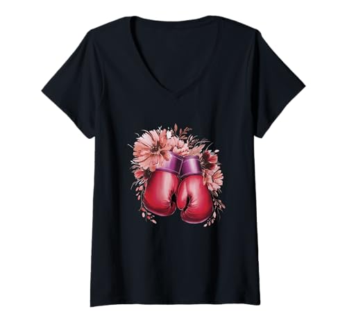 Damen Boxhandschuhe mit Blumenarrangement T-Shirt mit V-Ausschnitt Damen Boxhandschuhe mit Blumenarrangement T-Shirt mit V-Ausschnitt von Boxing Floral Gloves Inspirational Art