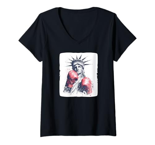 Damen Boxing USA Kostüm für patriotische Liebhaber T-Shirt mit V-Ausschnitt von Boxing Liberty Statue Outfit