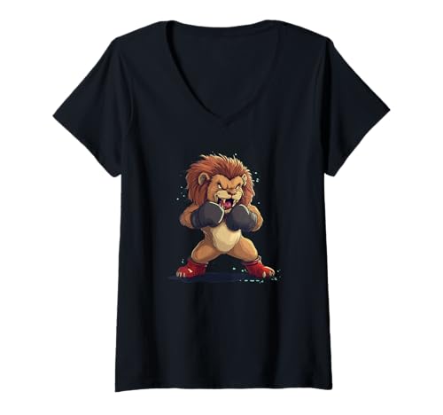 Damen Roaring Fighter Look mit diesem Löwe in Boxhandschuhen T-Shirt mit V-Ausschnitt von Boxing Lion
