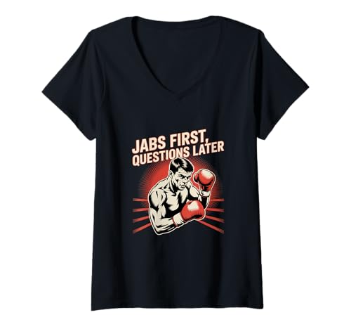 Damen Lustige Boxer Memes Jabs Erste Fragen Später Lustiges Boxen T-Shirt mit V-Ausschnitt von Boxing Meme Jabs First Questions Later Boxer Shirt