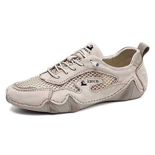 Boxpopla Damen Leder Outdoor Mesh Trail Schuhe zum Wandern & Gehen Unisex rutschfeste Slip On Leichte Sneaker Atmungsaktiv Komfort Weich Sommer Sport Fahren Schuhe, Beige, 35 EU von Boxpopla