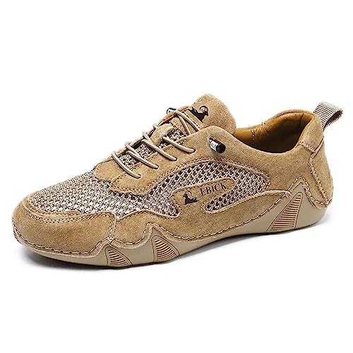 Boxpopla Damen Leder Outdoor Mesh Trail Schuhe zum Wandern & Gehen Unisex rutschfeste Slip On Leichte Sneaker Atmungsaktiv Komfort Weich Sommer Sport Fahren Schuhe, Khaki, 41 EU von Boxpopla