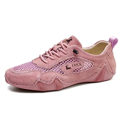 Boxpopla Damen Leder Outdoor Mesh Trail Schuhe zum Wandern & Gehen Unisex rutschfeste Slip On Leichte Sneaker Atmungsaktiv Komfort Weich Sommer Sport Fahren Schuhe, Pink, 34 EU von Boxpopla