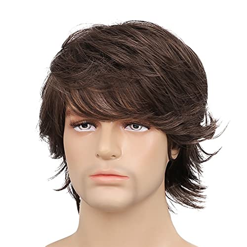 Brown Short Straight - Kurze Herrenperücke mit Langem Pony, Verstellbar, Braun, Weiche Simulation, Synthetisches, Glattes Herrenhaar für Cosplay von Boxwizard