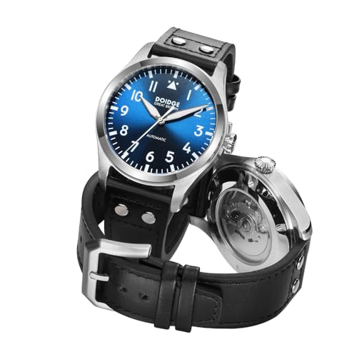 Boyarca Big Pilot Watch Japan NH35 Automatikwerk Flieger Mechanische Herren Armbanduhr Saphirglas Edelstahlgehäuse Echtes Lederband Leuchtend Wasserdicht Uhren, Schwarz A2 von Boyarca