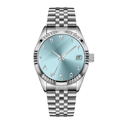 Boyarca Luxuriöse mechanische Stahluhr mit arabischen Ziffern, Automatikwerk, Urdu-Ziffern, 38mm Herrenarmbanduhr mit leuchtender, wasserdichter Datumsanzeige (Hellblau) von Boyarca