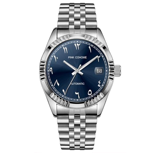 Luxuriöse mechanische Stahluhr mit arabischen Ziffern, Automatikwerk, Urdu-Ziffern, 38mm Herrenarmbanduhr mit leuchtender, wasserdichter Datumsanzeige (Blau) von Boyarca