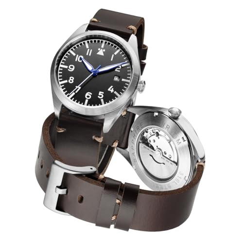 Boyarca Pilotenuhr Herren Flieger Armbanduhr Japan Automatikwerk Mechanische Uhren Edelstahlgehäuse Nylon Canvas Band Flieger Uhren mit Leuchtend Wasserdicht, Braun a, Classic von Boyarca