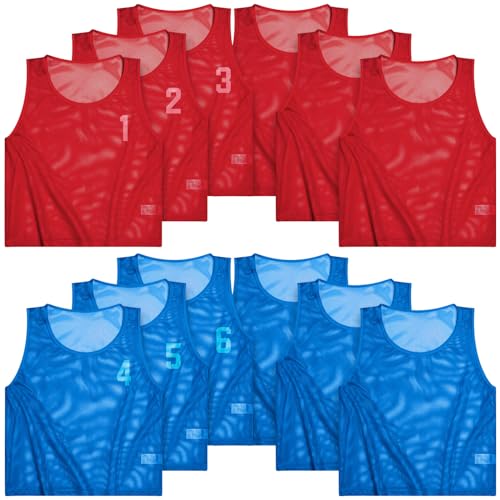 12 Stücke Nylon Mesh Trainingsleibchen Team Pinnies Trikots Sport Pinnies Leibchen Training Pinnies Trikots Lätzchen mit Wärmeübertragung Nummern für Sport Basketball Fußball, Rot und Blau von Boyiee