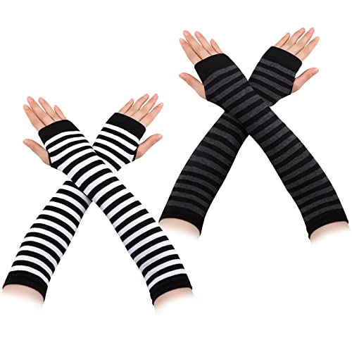 Boyiee 2 Paar Frauen Fingerlose handschuhe gestreift lang Armstulpen Damen Striped Arm Warmers Therian Stuff Für Carnaval Stricken Armwärmer Daumenloch Dehnbare Warme Handschuhe für Herbst und Winter von Boyiee