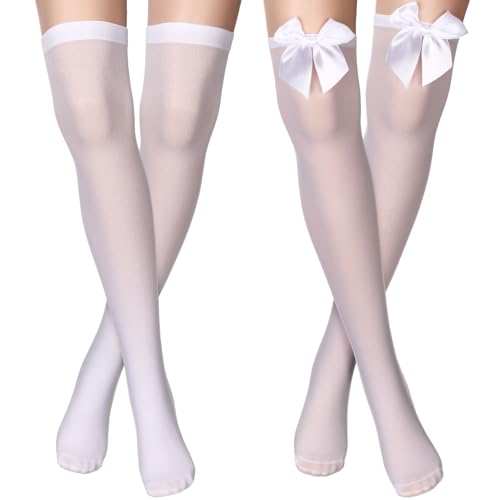 Boyiee 2 Paar Halterlose Strümpfe Weiße Oberschenkel Hohe Strümpfe Lange Kniestrümpfe für Damen(Einfach, Schleife) von Boyiee