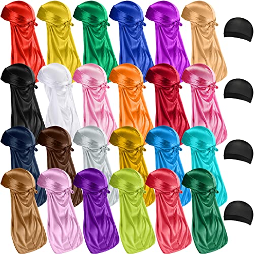 Boyiee 28 Stück Seidig Durags Set, 24 Seidig Satin Durags mit 4 Wellenkappen, 24 Farben von Boyiee