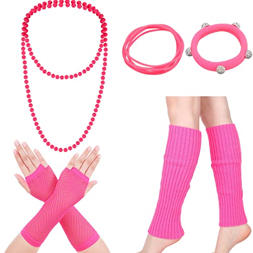 Boyiee Halloween 80er Kostüm Party Kostüm Zubehör inklusive Beinwärmer Netz Handschuhe Halskette Armband Haarseil für Frauen (Rosenrot) von Boyiee