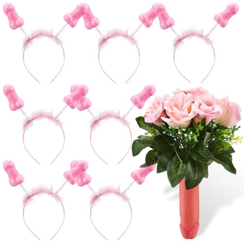 Boyiee Penis JGA Accessoires Set 1 Stück 25 cm Penis Blumenstrauß und 7 Stück Penis Haarreifen Pimmel Bouquet Penis Kopfschmuck JGA Scherzartikel für Frauen Männer Junggesellenabschied Party von Boyiee