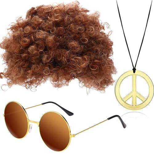 3er Set Herren Perücke,70er 80er Hippie Kostüm Set Accessoires,Afro Perücke,mit Brille Halskette für Cosplay Karneval Disco Thema Party von Boyigog