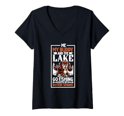 Damen Angeln und Boykin Spaniel T-Shirt mit V-Ausschnitt Damen Angeln und Boykin Spaniel T-Shirt mit V-Ausschnitt von Boykin Spaniel Designs