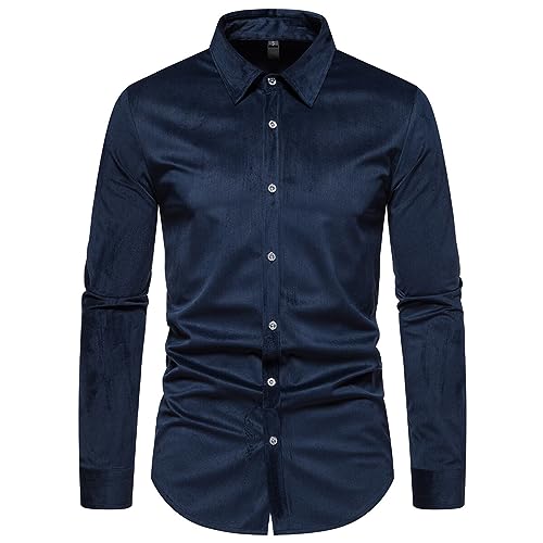 Boyland Herren Cord Einfarbig Hemd Casual Vintage Regular Fit Langarm Herbst Winter Shirts, blau, XXL von Boyland