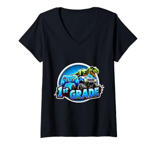 Damen Jungen 1. Klasse Back To School Gaming Controller T-Rex Truck T-Shirt mit V-Ausschnitt Damen Jungen 1. Klasse Back To School Gaming Controller T-Rex Truck T-Shirt mit V-Ausschnitt von Boys 1st Grade Back To School Merch