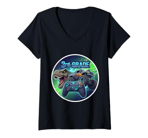 Damen Jungen 2. Klasse Back To School Gaming Controller T-Rex Truck T-Shirt mit V-Ausschnitt Damen Jungen 2. Klasse Back To School Gaming Controller T-Rex Truck T-Shirt mit V-Ausschnitt von Boys 2nd Grade Back To School Merch