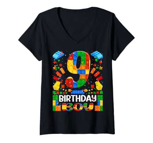 Damen 9 Jahre alte Bausteine zum 9. Geburtstag Junge Brick Builder T-Shirt mit V-Ausschnitt von Boys Building Blocks Birthday Brick Gifts