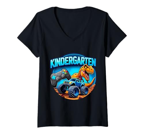 Damen Jungen Kindergarten Schule Gaming Controller T-Rex Truck T-Shirt mit V-Ausschnitt von Boys Kindergarten School Merch