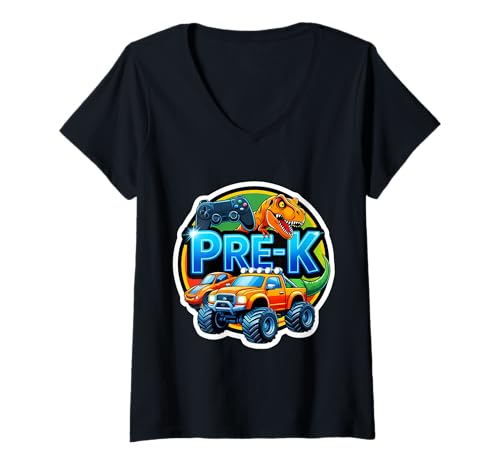 Damen Jungen Pre-K Back To School Gaming Controller T-Rex Truck T-Shirt mit V-Ausschnitt von Boys Pre-K Back To School Merch