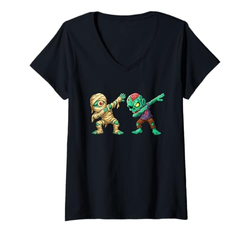 Damen Halloween Mummy Zombie Dabbing Spooky Mummy Dab Dance T-Shirt mit V-Ausschnitt von Boys Spooky Halloween Characters Novelty Tops ..