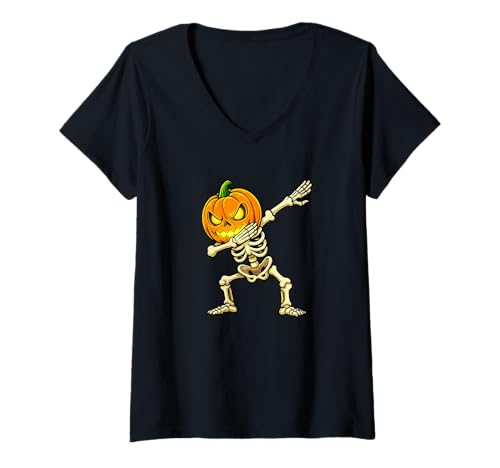 Damen Halloween Skeleton Pumpkin Dabs Funny Dabbing Skull Dance T-Shirt mit V-Ausschnitt von Boys Spooky Halloween Characters Novelty Tops ..